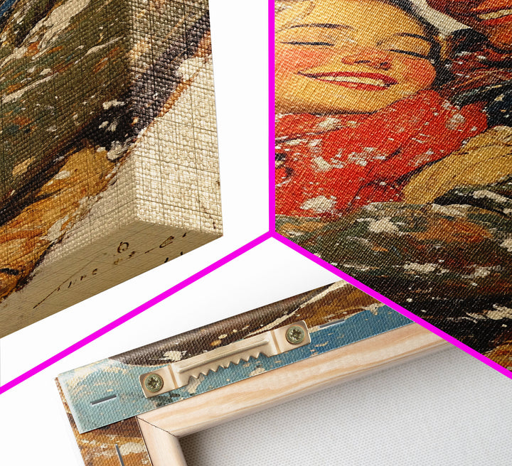 Snowy Couple Embrace Framed Canvas Print - Retro Christmas Art 2024 Holiday Home Decor Gift Idea for Cozy Winter Wall Art