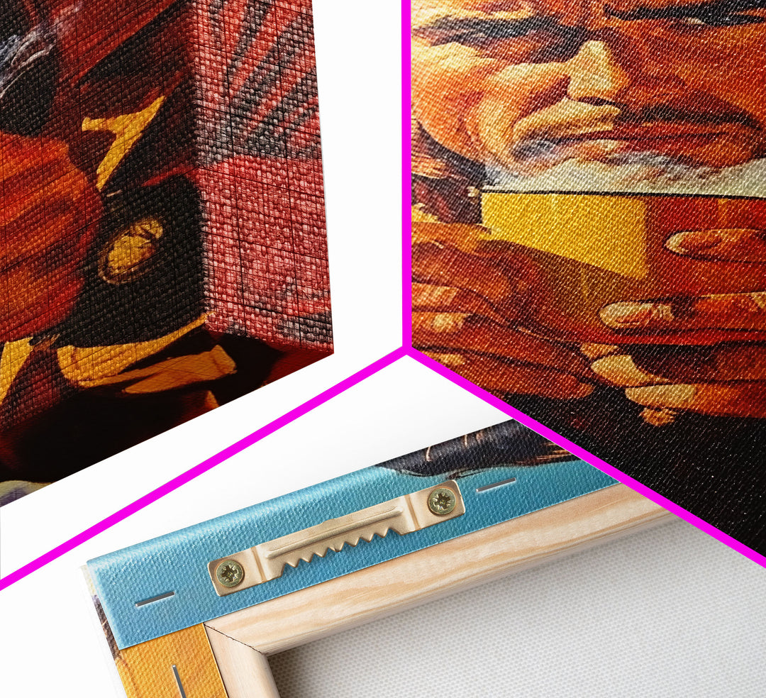 Cowboy Drinking Coffee in Winter Cabin Framed Canvas Print - Cozy Christmas Wall Art 2024 Rustic Holiday Decor