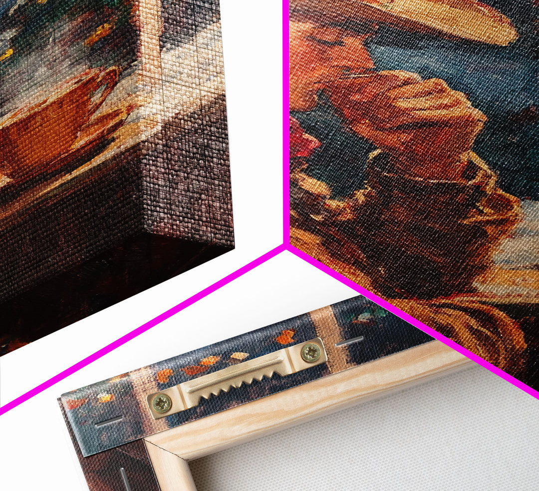 Cowboy in Snow with Coffee Framed Canvas Print - Winter Country Scene Art 2024 Cozy Christmas Wall Decor and Gift Idea