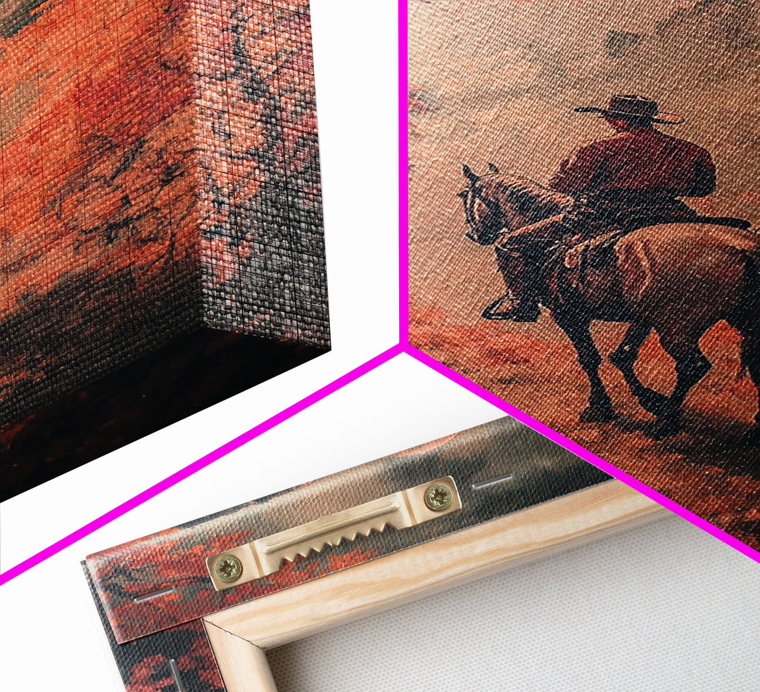 Cowboy in Forested Autumn Trail Framed Canvas Print Vintage Christmas Wall Decor Autumn Landscape Christmas Art Print Country Christmas