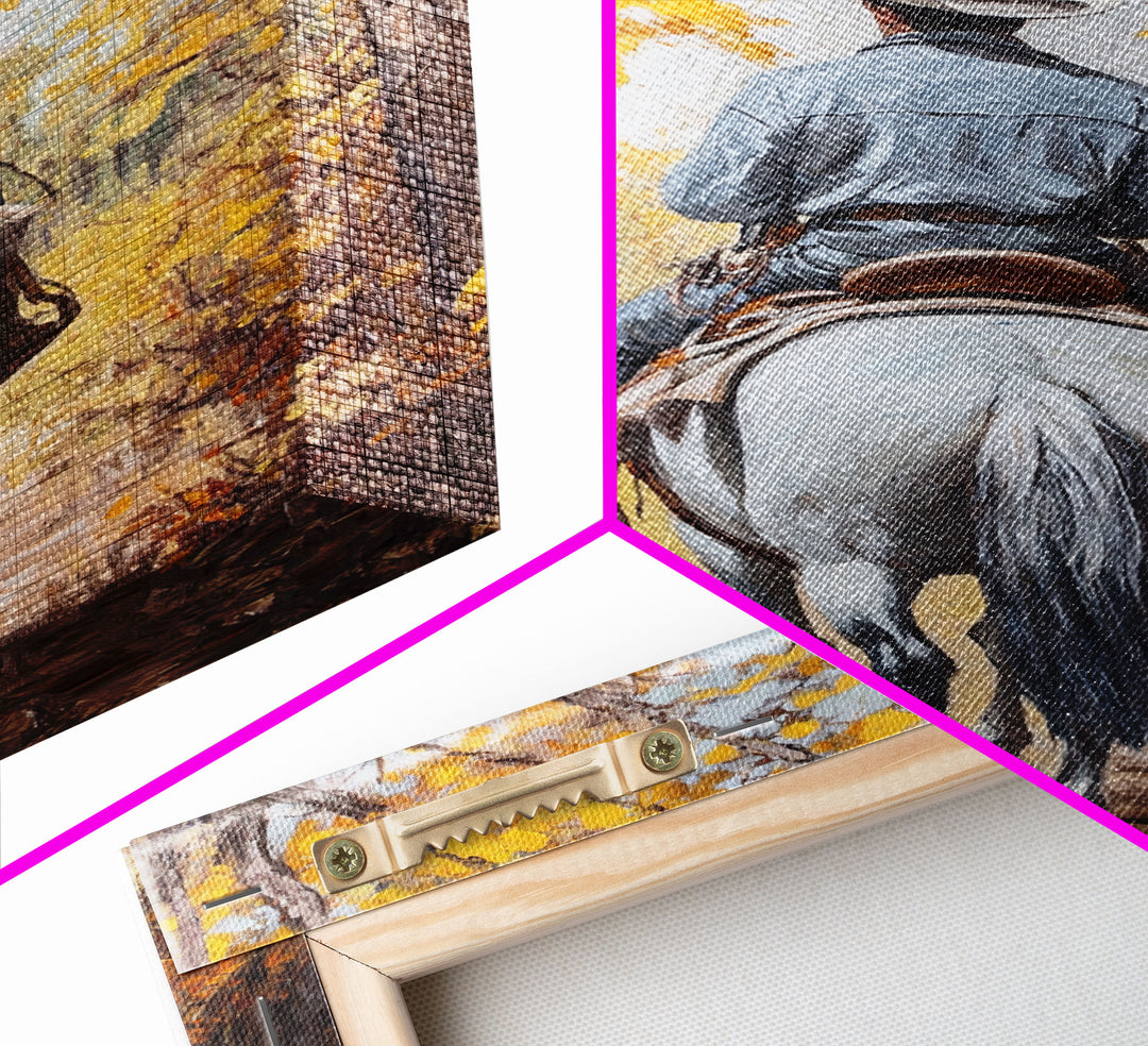 Lone Cowboy Riding Through Red Autumn Trees Framed Canvas Print Vintage Christmas Wall Art Fall Decor Winter Wonderland Seasonal Wall Art