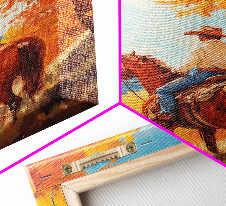 Cowboy in Colorful Autumn Trail Framed Canvas Print Country Christmas Decor Fall Wall Art Vintage Christmas Decor Gift Idea Gallery Wall Art