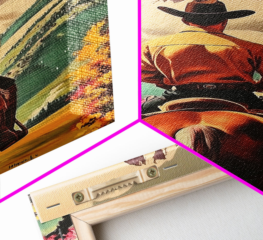 Cowboy Rider in Autumn Field with Mountains Framed Canvas Print Fall Landscape Wall Art Christmas Wall Decor Vintage Christmas Gift Idea