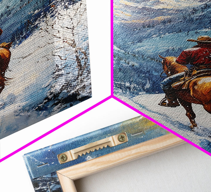 Cowboy in Winter Mountain Scene Canvas Print Christmas Wall Art Vintage Christmas Decor Winter Wonderland Gift Idea Seasonal Wall Art