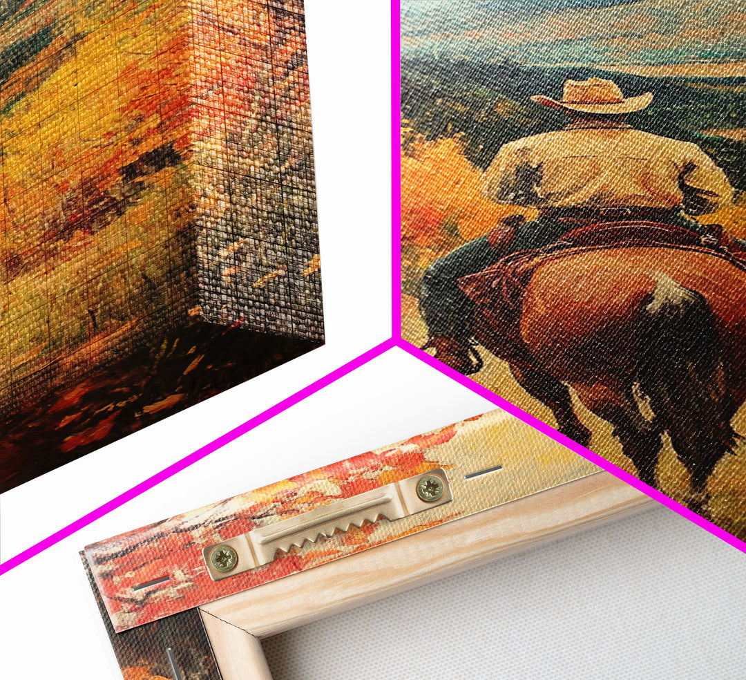 Cowboy in Autumn Landscape Canvas Print Fall Wall Art Vintage Christmas Wall Decor Country Christmas Gift Seasonal Wall Art Fall Decor