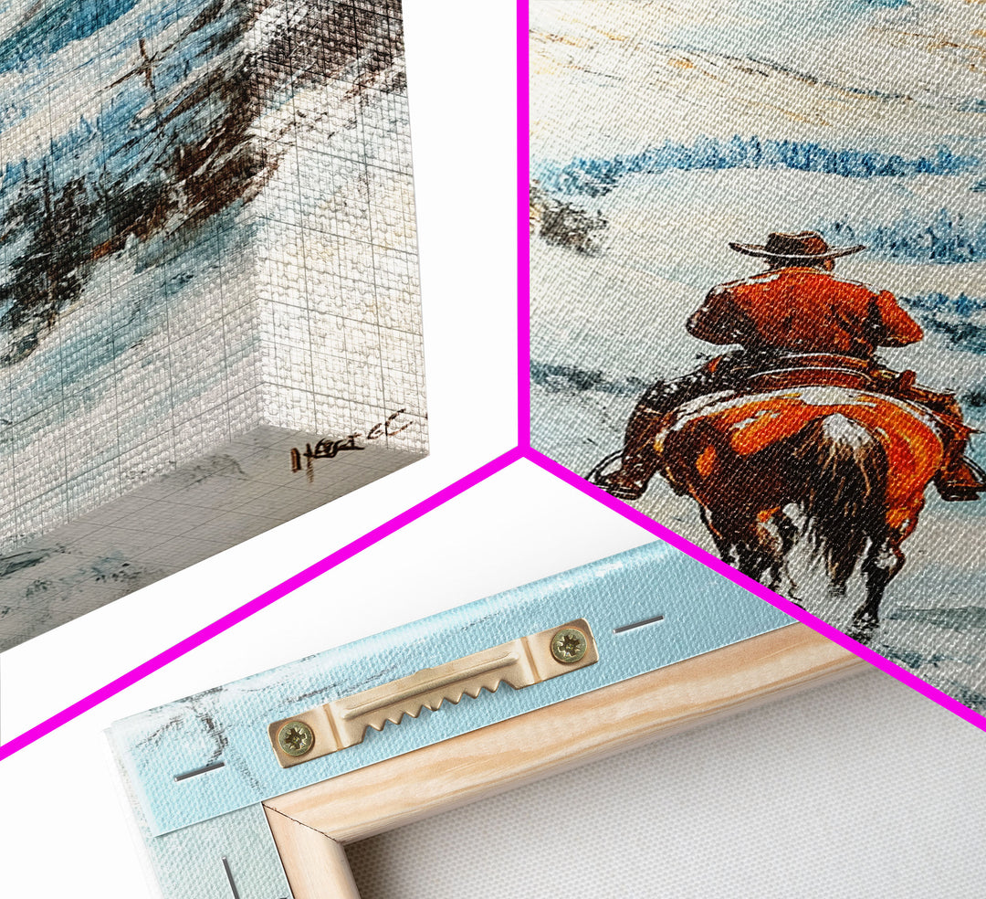 Cowboy Riding Through Snowy Mountains Framed Canvas Print Christmas Wall Art Winter Wonderland Decor Seasonal Wall Art Christmas Gift Idea