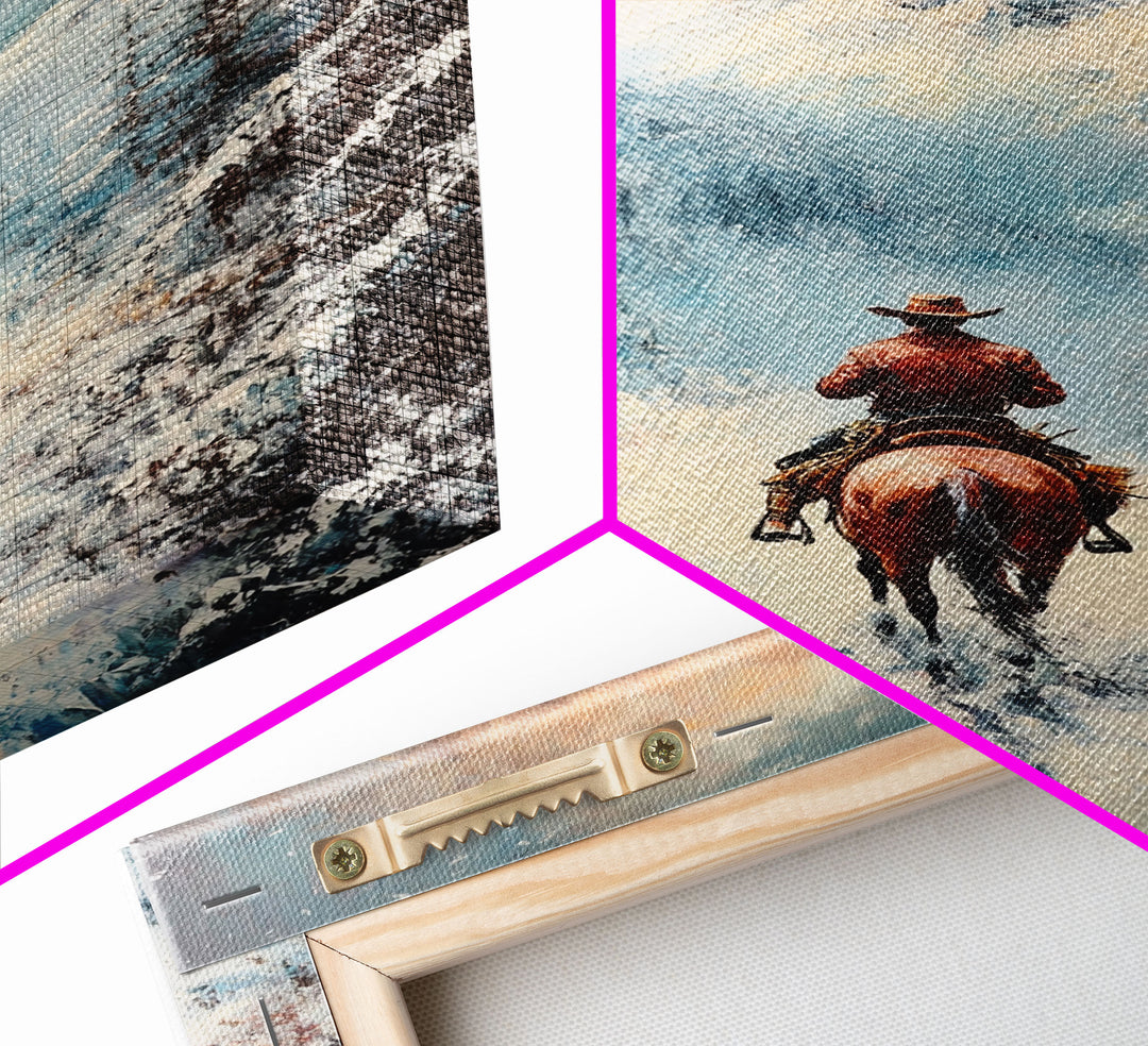 Cowboy in Winter Mountains Framed Canvas Print Christmas Wall Art Winter Wonderland Decor Vintage Christmas Gift Idea Moody Landscape Art