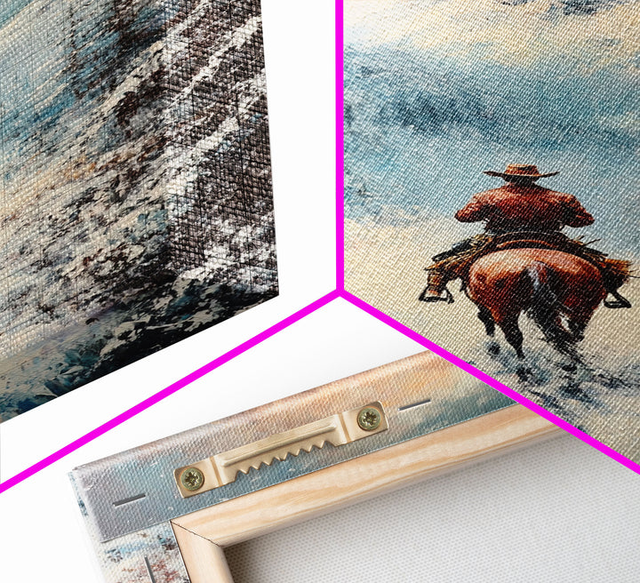 Cowboy in Winter Mountains Framed Canvas Print Christmas Wall Art Winter Wonderland Decor Vintage Christmas Gift Idea Moody Landscape Art