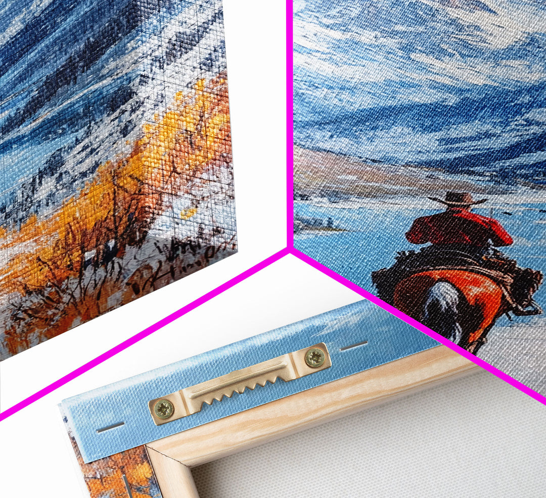 Cowboy in Snowy Mountain Range Canvas Print Winter Wonderland Art Christmas Decor Seasonal Wall Art Vintage Christmas Gift Christmas Decor