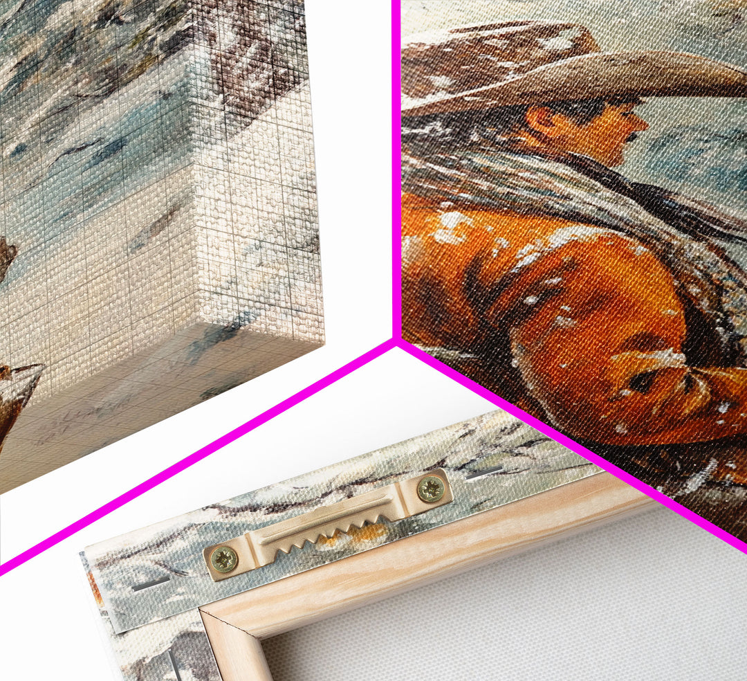 Cowboy in Snowy Orchard Canvas Print with Frosty, Christmas Wall Art Gift, Seasonal Decor, Winter Wonderland, Holiday Decor, Canvas Print