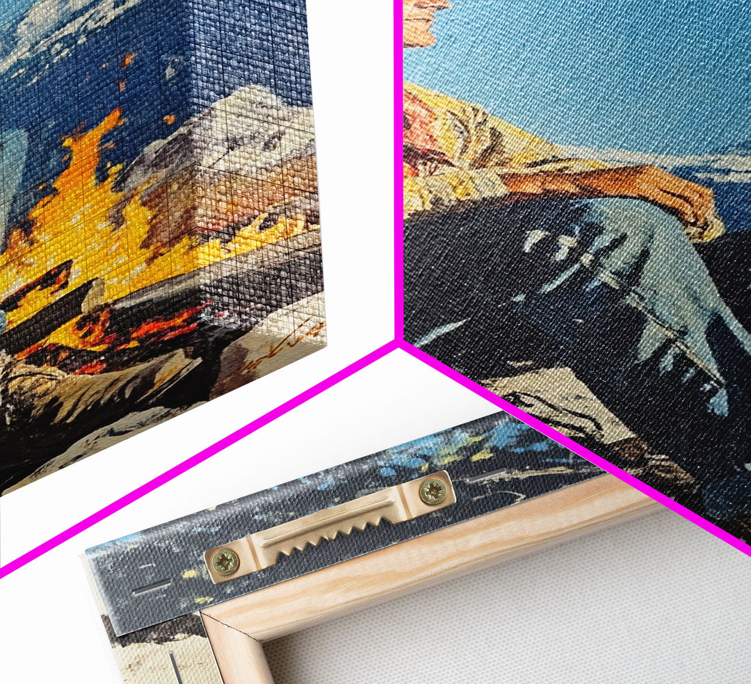 Cowboy Resting by the Fire Canvas Print, Winter Mountain Scene, Seasonal Wall Art, Rustic Western Decor, Holiday Gift, Framed Canvas Print