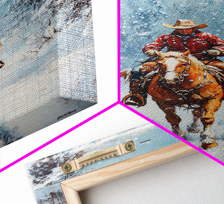 Cowboy Walking Through Snowy Winter Forest Canvas Print, Western Christmas Art Gift, Holiday Wall Decor, Rustic Art, Framed Canvas Print