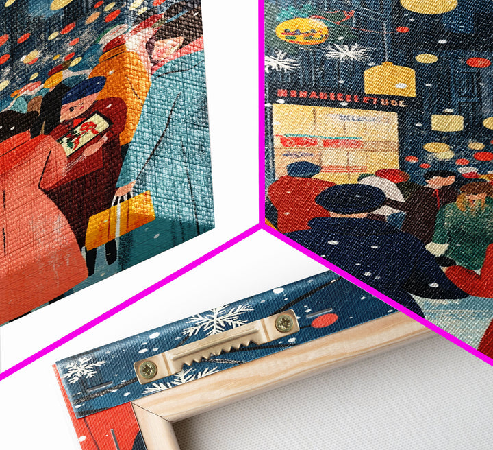Retro City Christmas Shopping Scene Framed Canvas Print Tall Art With People In Coats And Snow, Vintage Holiday Wall Art Decor