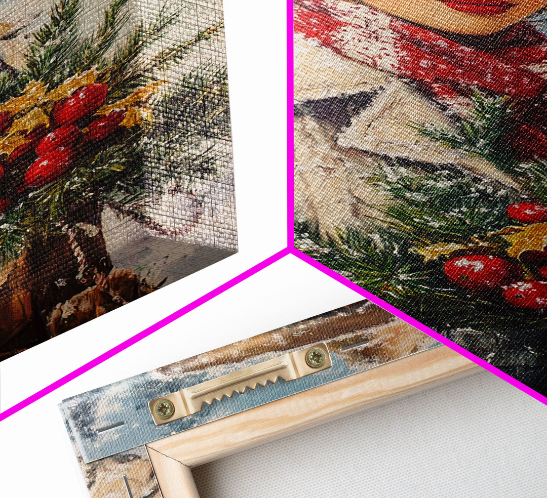 Cozy Christmas framed canvas print woman carrying holiday greenery in snowy winter scene perfect for vintage Christmas home decor