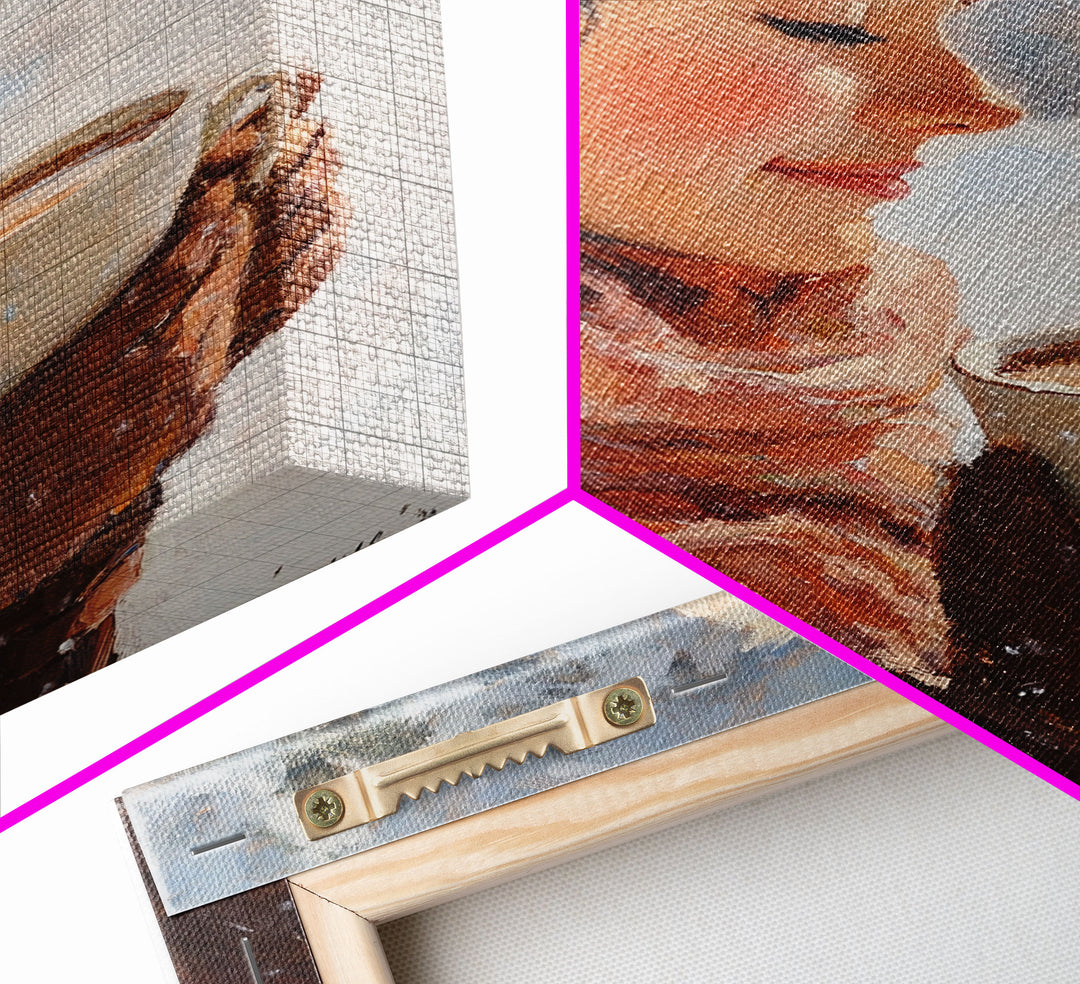 Framed canvas print of a peaceful winter scene with a woman a hot chocolate perfect for holiday gift idea or rustic Christmas wall art decor