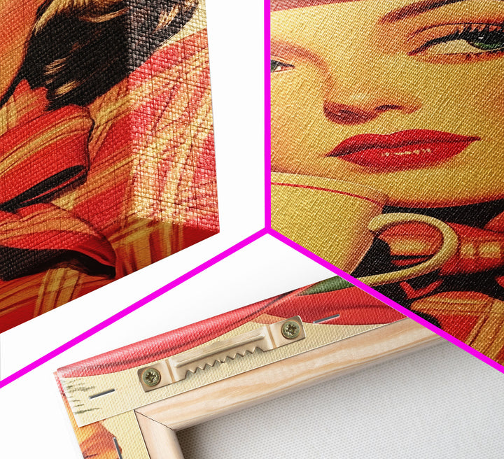 Retro Christmas holiday art framed canvas print a stylish woman with coffee holiday wall art perfect for vintage Christmas home decor