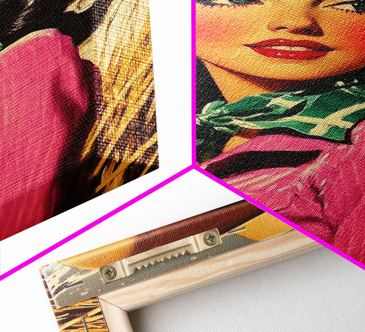 Retro Christmas framed canvas print festive cowgirl in a snowy landscape perfect holiday wall art or vintage Christmas home decor gift idea