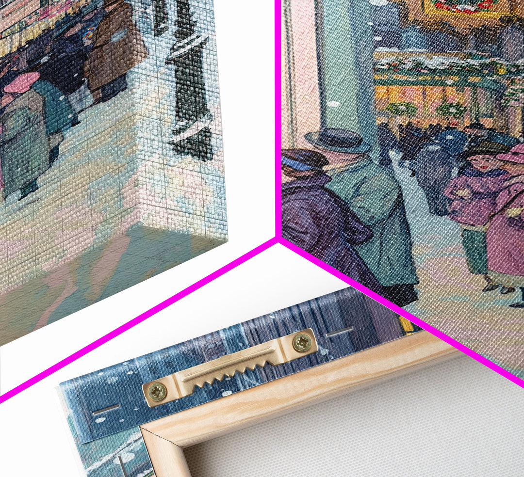 Retro Christmas Shoppers Admiring Store Window Displays in Snowy City Street, Perfect for Vintage Christmas Wall Art, Framed Canvas Print