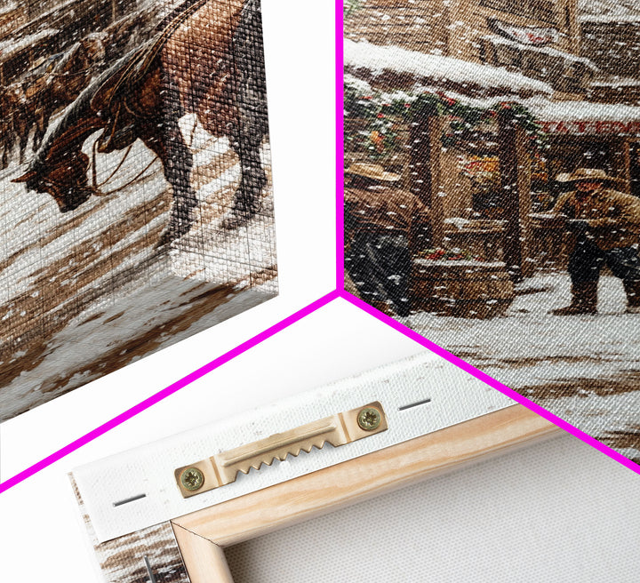 Nostalgic Cowboy Christmas Scene Framed Canvas Print Tall Art With Snowy Western Town, Rustic Wall Art Vintage Christmas Home Decor