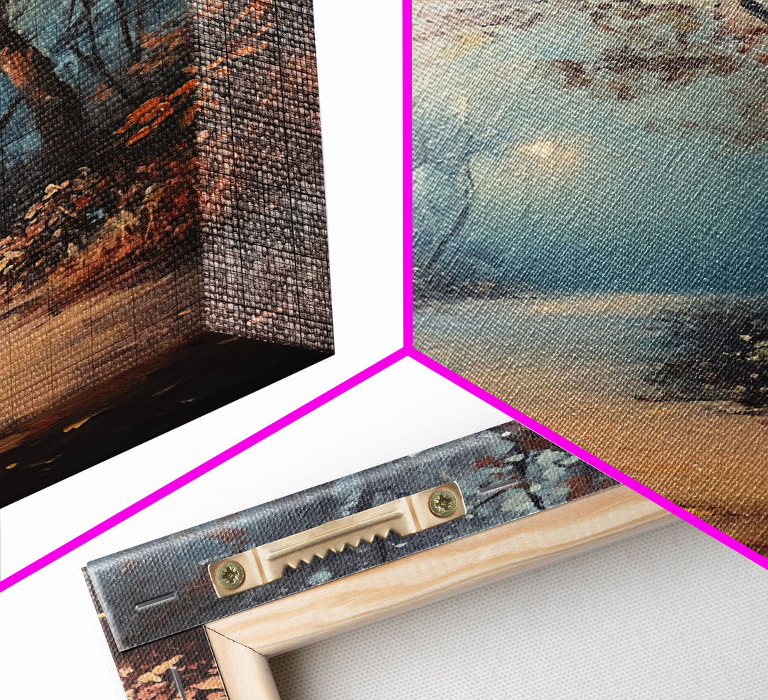 Spooky Street Lights In The City Park, Framed Canvas Print, Wood Framed Wall Art, Fall Decor, Holiday Decor, Seasonal Gift Idea