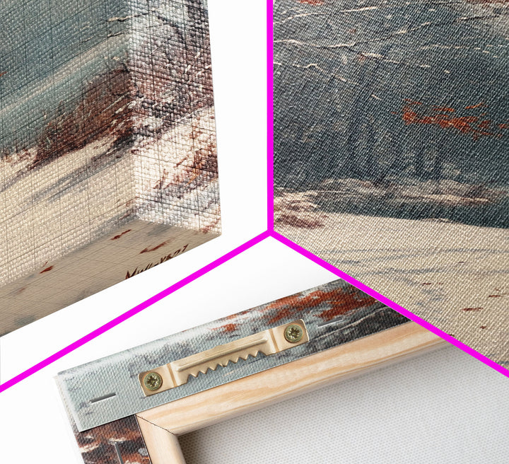 Framed Canvas Print of a Snowy Path with Trees and Red Leaves, Winter Wall Art, Moody Landscape, Best Gift Idea, Modern Christmas Decor