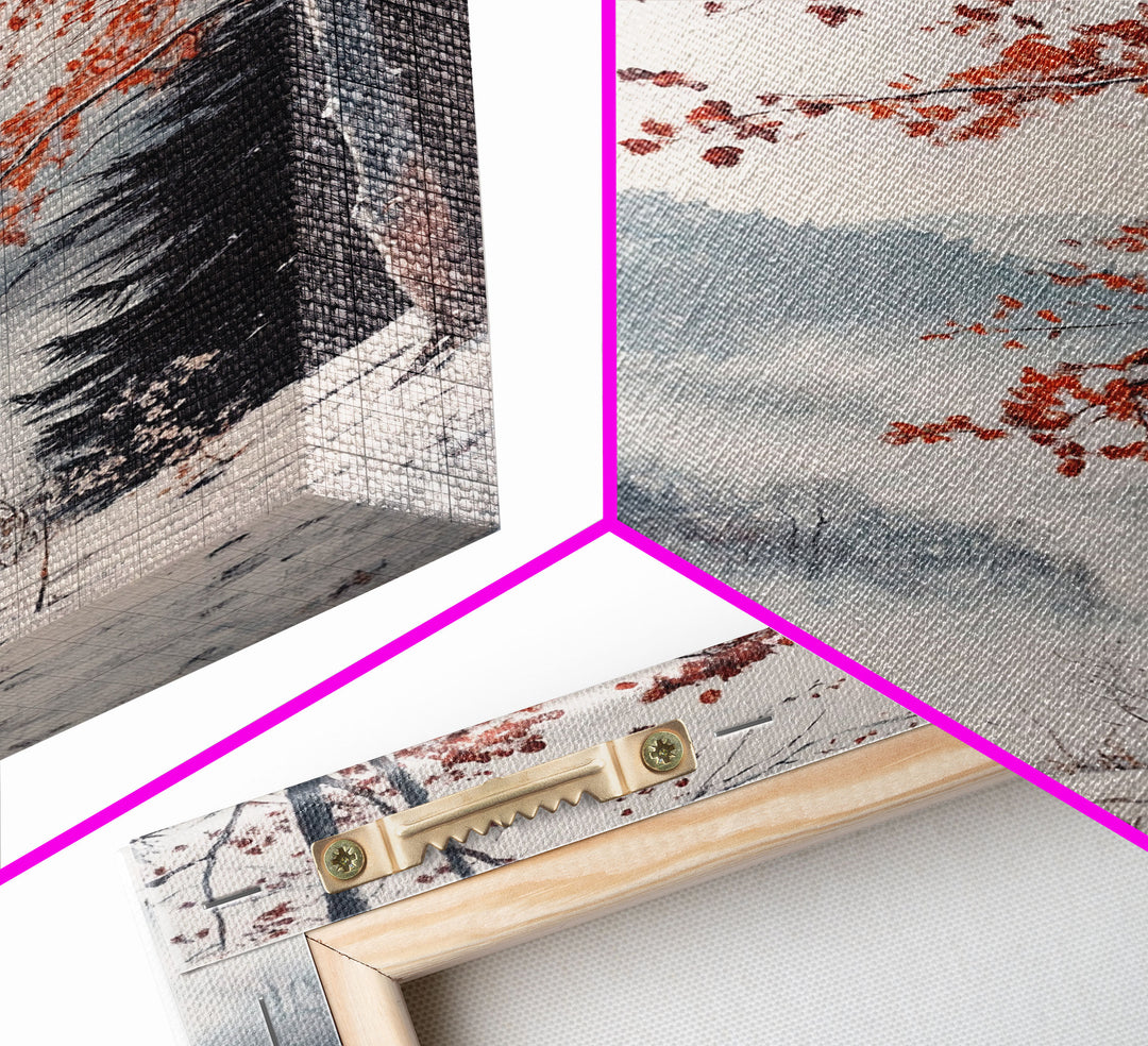 Canvas Print of Snowy Mountain Trees Red Leaves, Winter Wonderland Wall Art, Best Gift Idea, Moody Landscape, Rustic Christmas Decor