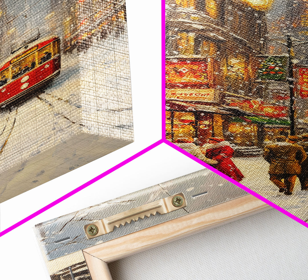 Vintage Snowy Christmas Street Scene With Trolley Framed Canvas Print Holiday Wall Art Retro Christmas Decor Christmas Tree Art Gift Idea