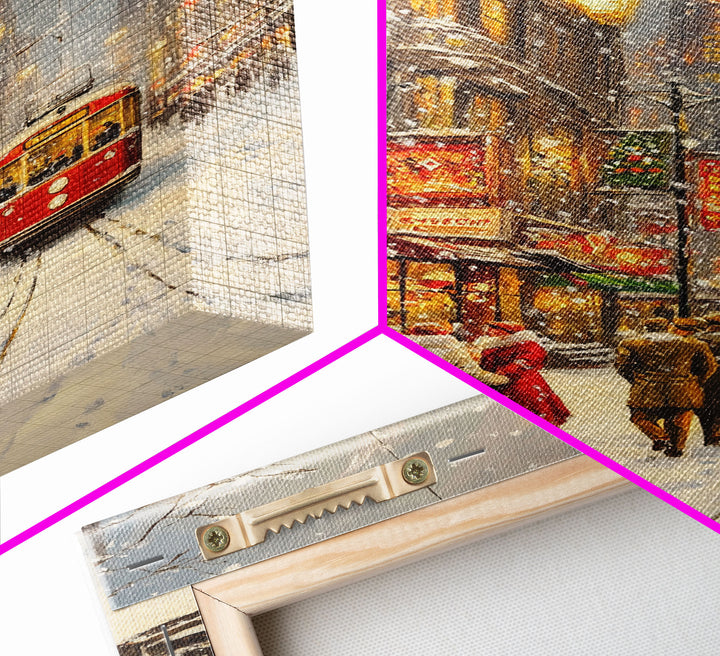 Vintage Snowy Christmas Street Scene With Trolley Framed Canvas Print Holiday Wall Art Retro Christmas Decor Christmas Tree Art Gift Idea