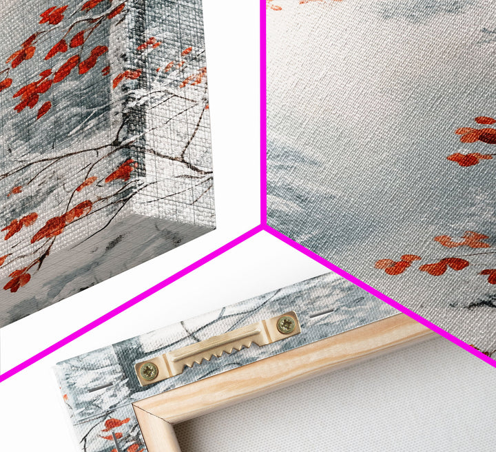 Canvas Print of Winter Wonderland with Red Leaves in Snow, Winter Wall Art, Best Gift Idea, Moody Landscape, Christmas Home Decor