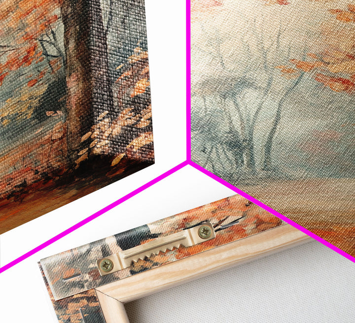 Framed Canvas Print of Foggy Autumn Forest with Red Leaves, Moody Landscape Wall Art, Fall Seasonal Decor, Best Gift Idea, Modern Farmhouse