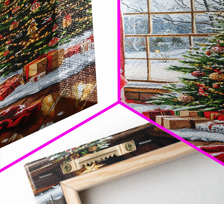 Cozy Cabin Fireplace With Christmas Tree Framed Canvas Print Christmas Wall Art Farmhouse Christmas Decor Holiday Gift Christmas Tree Art