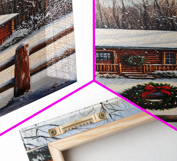 Snowy Log Cabin With Wreath And Fence Framed Canvas Print Rustic Winter Scene With Cozy Cabin In Snow Perfect Christmas Home Decor Wall Art