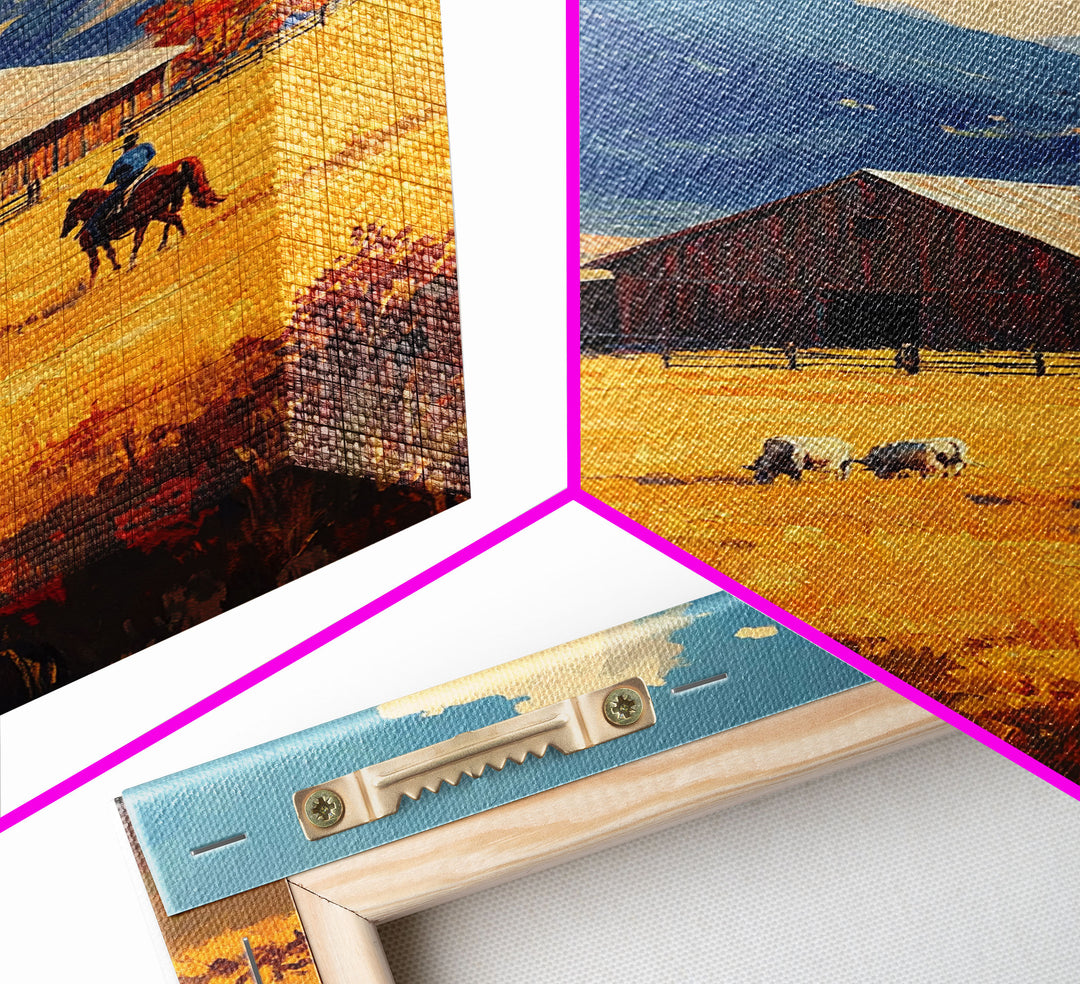 Cowboy Herding Cattle Framed Canvas Print Rustic Autumn Landscape With Barn And Vibrant Fall Colors Perfect Country Christmas Decor Art