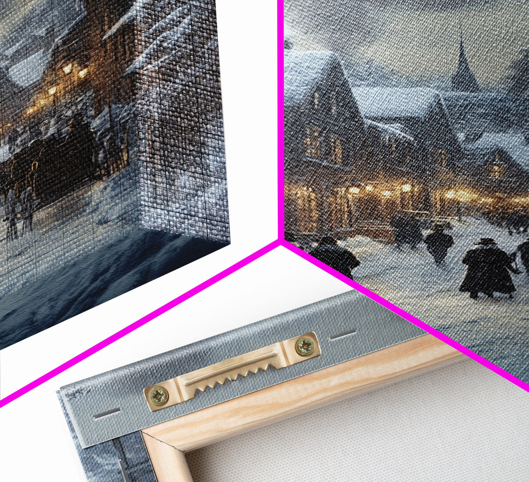Traditional Victorian Christmas Village in Snow, Classic Christmas Wall Decor for Winter Wonderland Theme, Framed Canvas Print