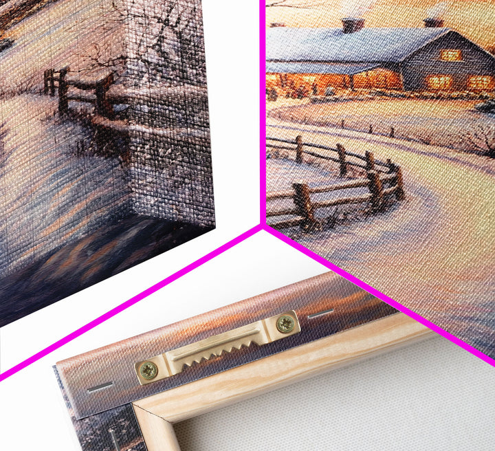 Snowy Path Leading To House Framed Canvas Print Wall Art Christmas Decor, Winter Holiday Art Gift, Cozy Christmas Wall Art
