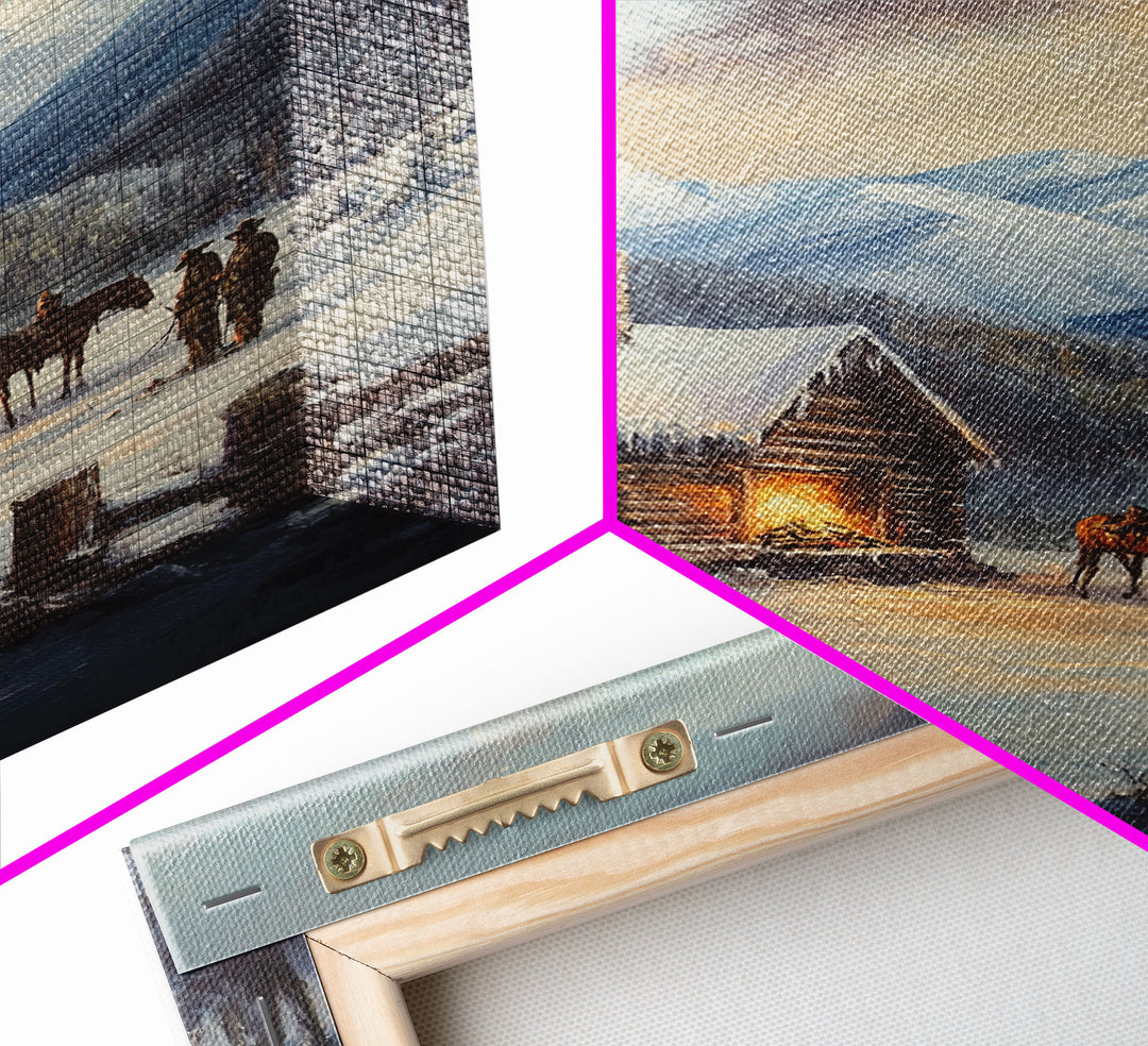 Mountain Cabin In Snow With Horses Framed Canvas Print Wall Art Rustic Winter Decor, Country Christmas Art, Winter Wonderland Scene