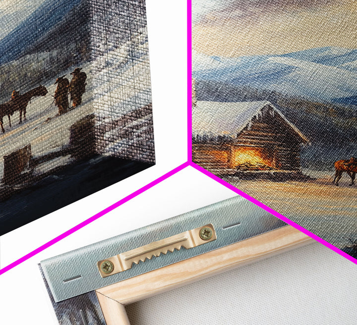 Mountain Cabin In Snow With Horses Framed Canvas Print Wall Art Rustic Winter Decor, Country Christmas Art, Winter Wonderland Scene