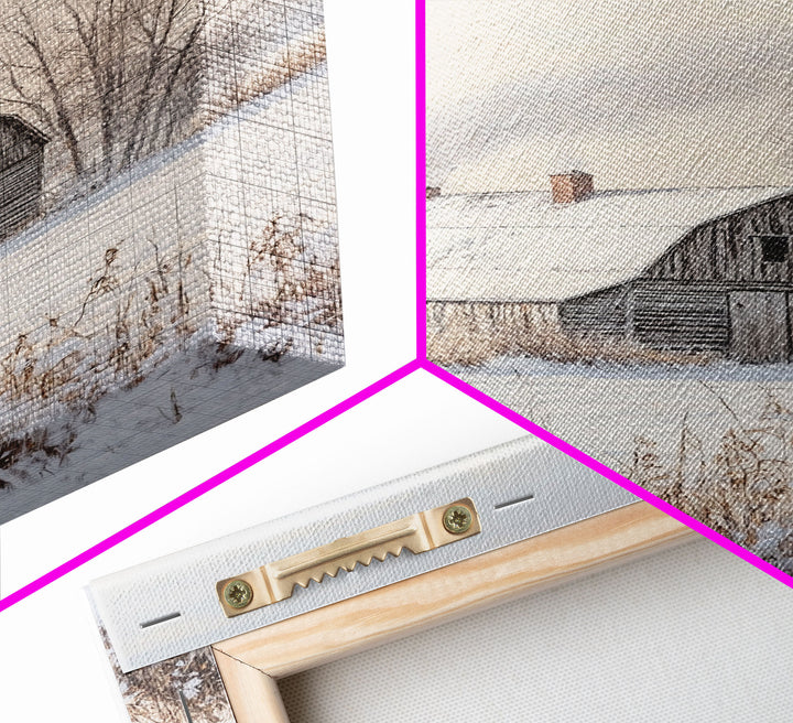 Winter Barn In Snow Framed Canvas Print Wall Art Rustic Winter Decor, Cozy Christmas Home Art, Winter Wonderland Wall Art