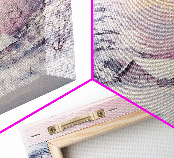Pink Snowy Cabin Landscape Framed Canvas Print Wall Art Winter Wonderland Decor, Christmas Art Gift, Rustic Winter Scene Art