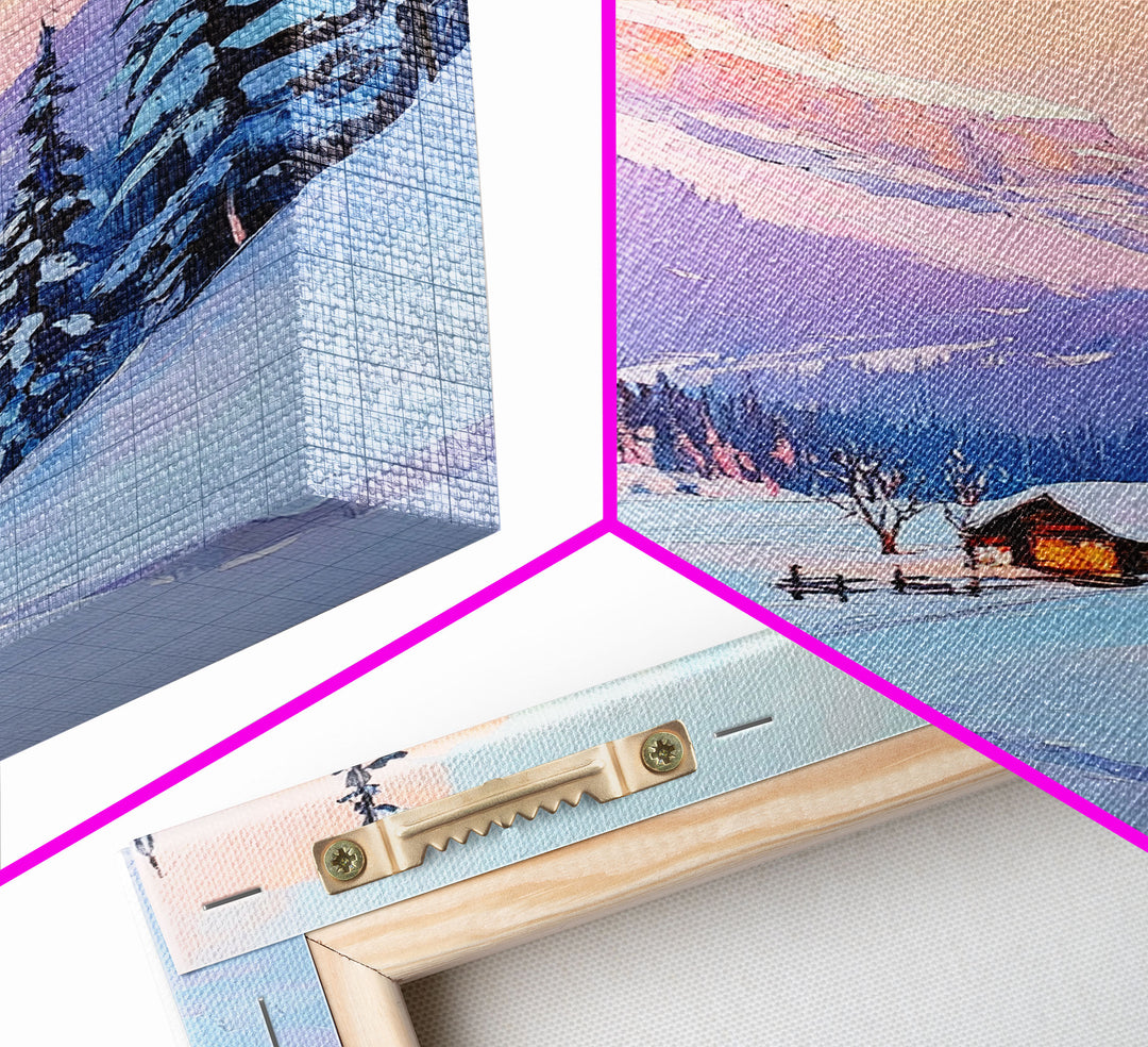 Snowy Cabin at Sunset Framed Canvas Print, Cozy Mountain Retreat with Snow-Covered Pines, Winter Landscape Art for Decor and Rustic Wall Art