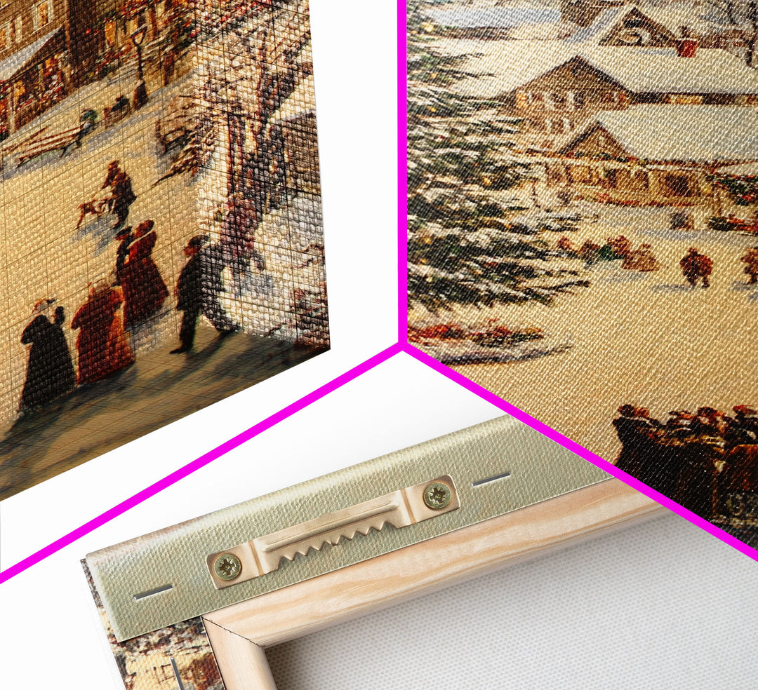 Victorian Christmas Village Framed Canvas Print, Festive Winter Scene Large Christmas Tree, Wall Art for Vintage Country or Farmhouse Decor