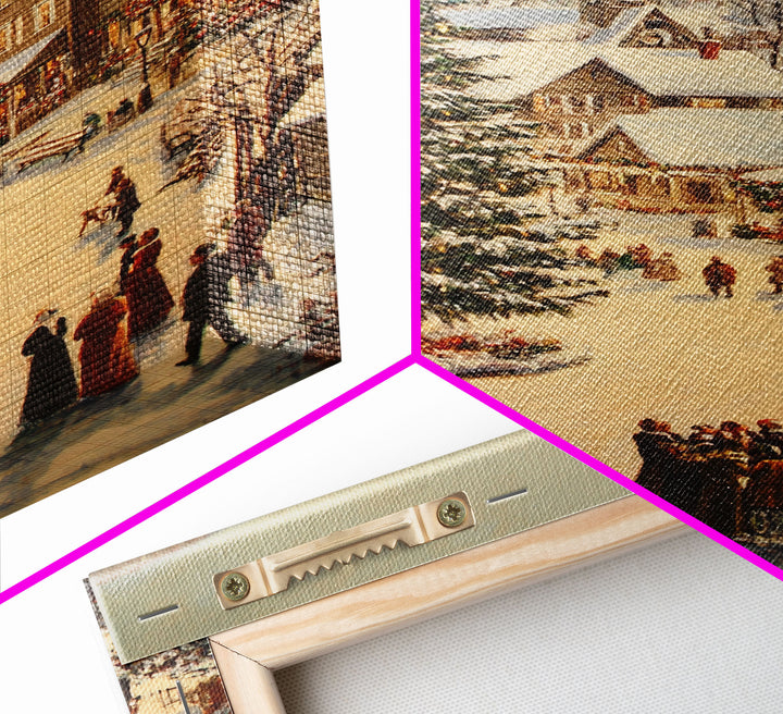 Victorian Christmas Village Framed Canvas Print, Festive Winter Scene Large Christmas Tree, Wall Art for Vintage Country or Farmhouse Decor
