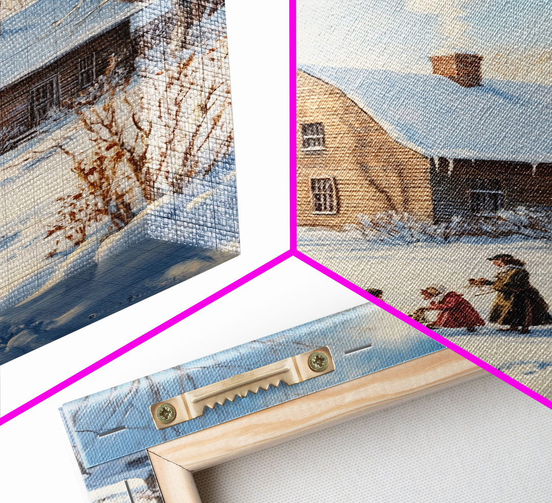 Snowy Country Homestead Framed Canvas Print, Winter Family Gathering Outside Farmhouse, Rustic Christmas Wall Art Holiday Seasonal Decor