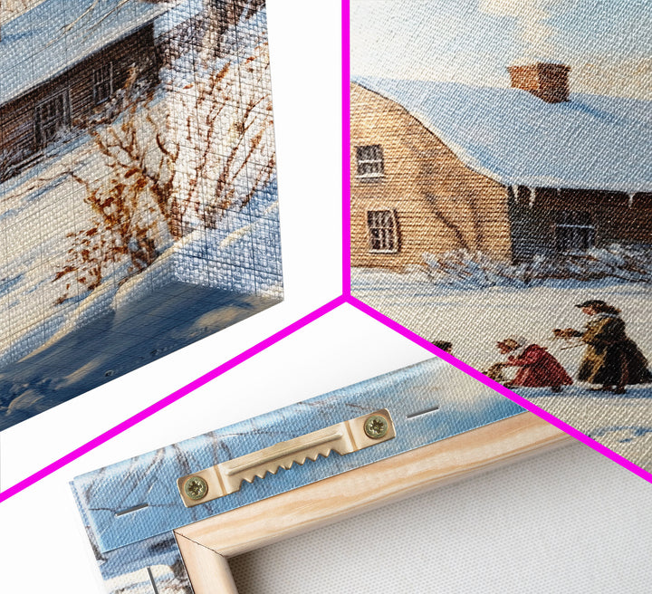 Snowy Country Homestead Framed Canvas Print, Winter Family Gathering Outside Farmhouse, Rustic Christmas Wall Art Holiday Seasonal Decor