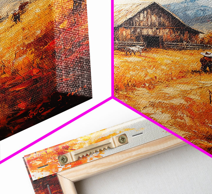 Autumn Barnyard Framed Canvas Print, Vibrant Fall Landscape Cowboy and Barn, Perfect Rustic Wall Art Farmhouse or Ranch Style Fall Decor