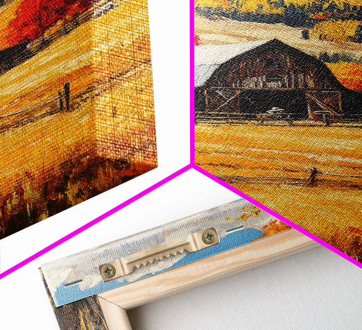 Countryside Barn in Autumn Framed Canvas Print, Bright Fall Landscape Birch Trees, Rustic Wall Art Country Home or Farmhouse Autumn Decor