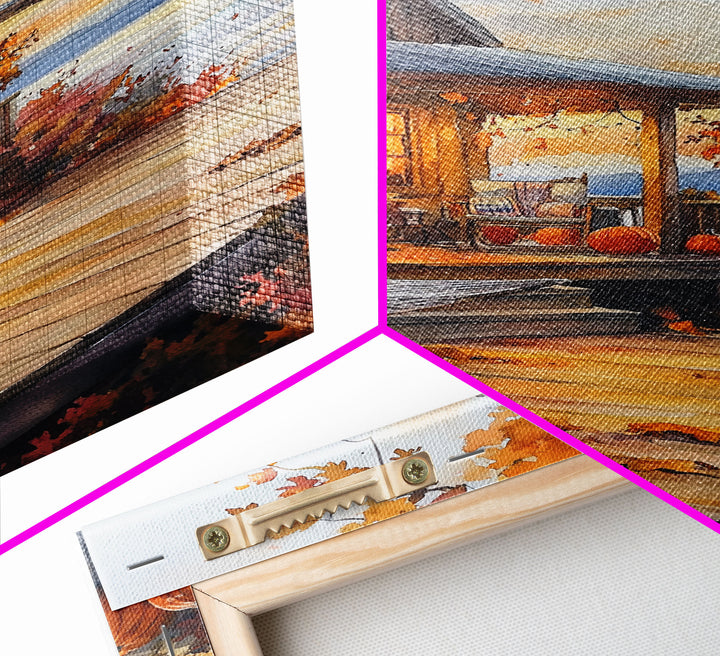 Cozy autumn cabin porch with pumpkins and scenic view, Framed Canvas Print, perfect above sofa art, fall seasonal decor, gallery wall