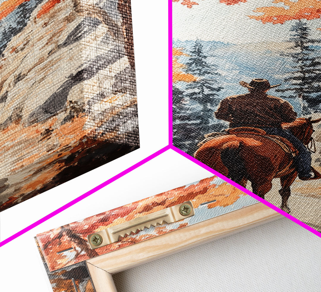 Cowboy riding through autumn forest, Framed Canvas Print, fall landscape wall art, western style decor for cozy homes, perfect gift idea