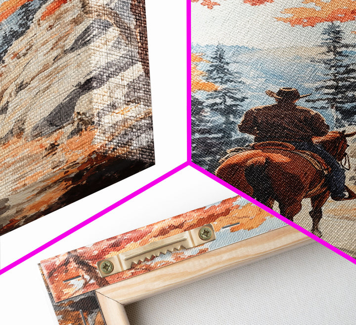Cowboy riding through autumn forest, Framed Canvas Print, fall landscape wall art, western style decor for cozy homes, perfect gift idea