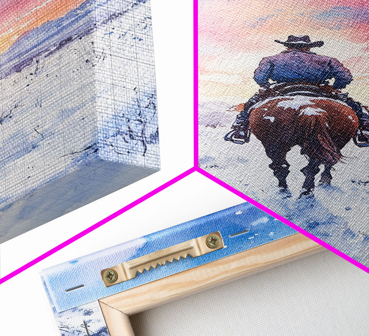 Cowboy riding through snowy sunset, Framed Canvas Print, winter landscape wall art, western decor for above sofa, rustic holiday decor